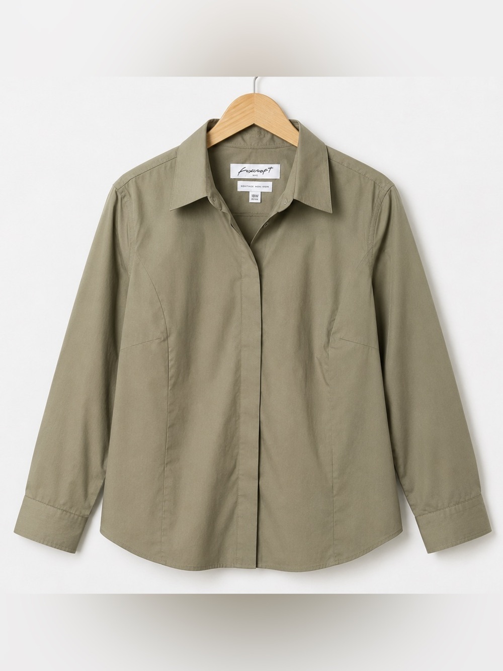 Foxcroft Heritage Non Iron Cotton Button Front Shirt Olive Khaki 18W Plus